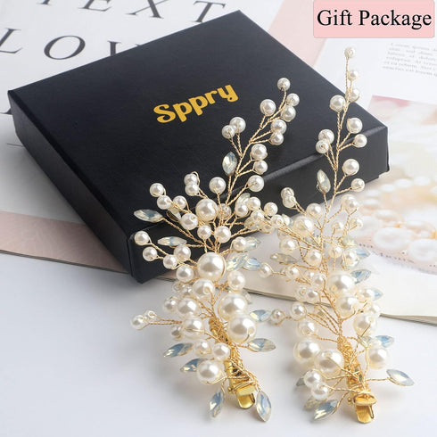 Wedding Pearl Hair Clips (2PCS) - Rhinestone Hair Accessories for Bridal Women in Gold