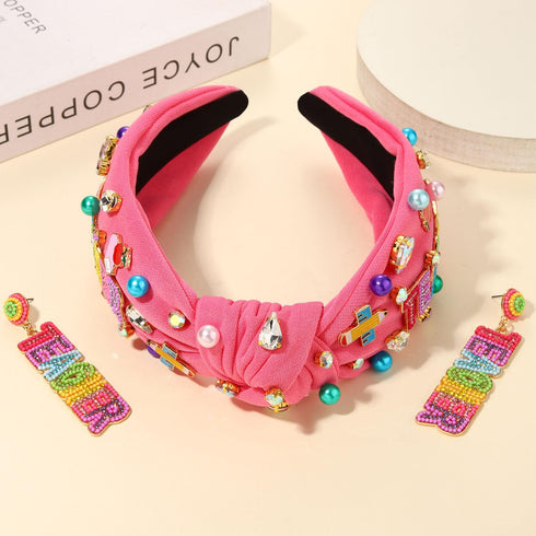 Teacher Headbands for Women, Beaded Pencil Knotted Headband with Crystal Rhinestones for Appreciation Gifts