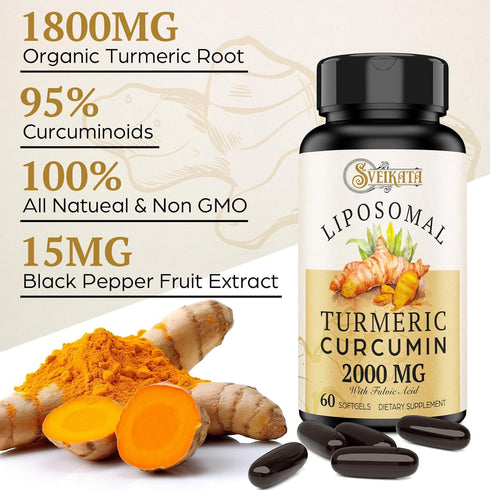 Liposomal Turmeric Curcumin Supplement - 60 Softgels - 2000mg, 95% Curcuminoid Extract with Piperine, Non-GMO