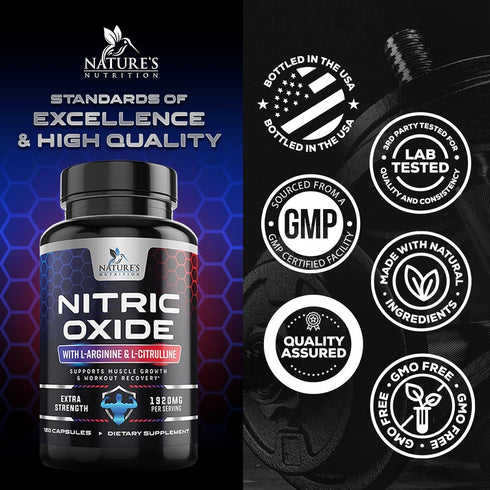 Extra Strength Nitric Oxide Supplement L Arginine 3X Strength - 120 Capsules, Citrulline Malate, AAKG, Beta Alanine