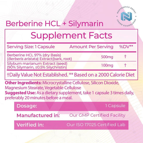 Nootropics Depot Berberine HCL + Silymarin Capsules | 60 Count | 500mg + 90mg | Supports Metabolic, Cellular Function