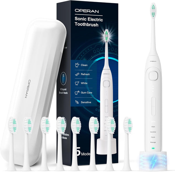 Operan Electric Toothbrush for Adults and Kids, Rechargeable Sonic Toothbrush, 5 Modes, 8 Brush Heads, White