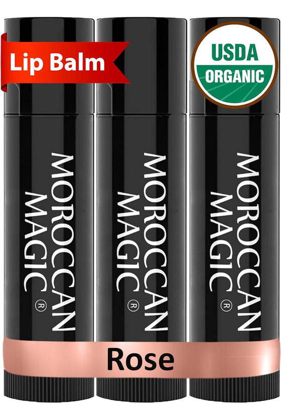 Moroccan Magic Organic Rose Lip Balm 3 Pack - Ultra-Hydrating Argan & Essential Oil Lip Moisturizer for Dry Lips