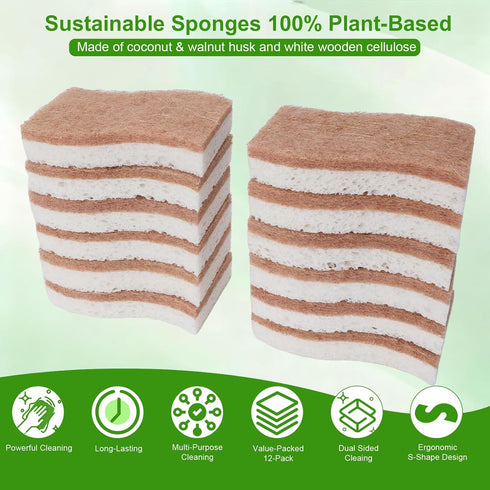 honghuokua 12-Pack, Sponges Kitchen Natural sponges for Dishes S-Shaped Dual-Layer for Pots, Pans, Tableware, Durable