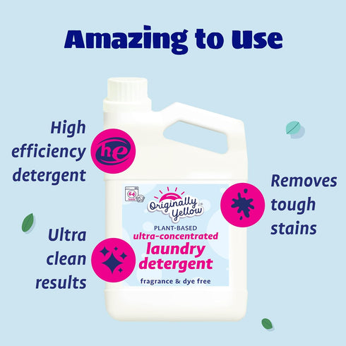 Originally Yellow Plant Based Laundry Detergent | Fragrance & Dye-Free Natural Laundry Detergent, Gentle on Sensitive Skin | Ultra-Concentrated, High-Efficiency Clean Laundry Detergent | 64 Oz