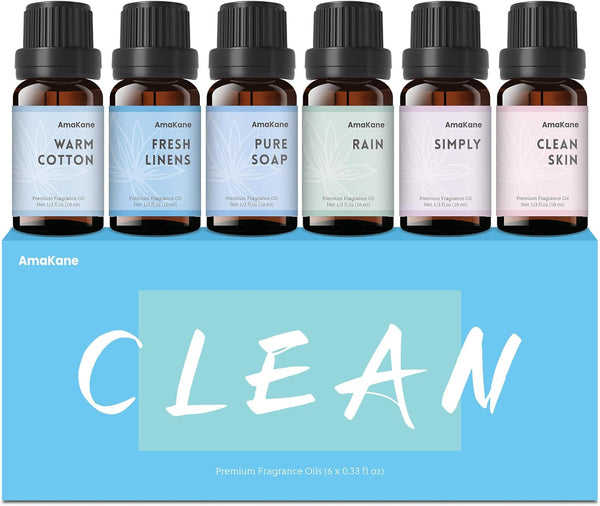 AmaKane Fragrance Oils Clean Set, 6 Premium Soap & Candle Making Scents, Essential Oils for Laundry & More