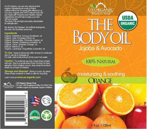 US Organic Body Oil - Fresh Orange Jojoba and Avocado Oil with Vitamin E, USDA Certified Organic, 5 Fl. oz.