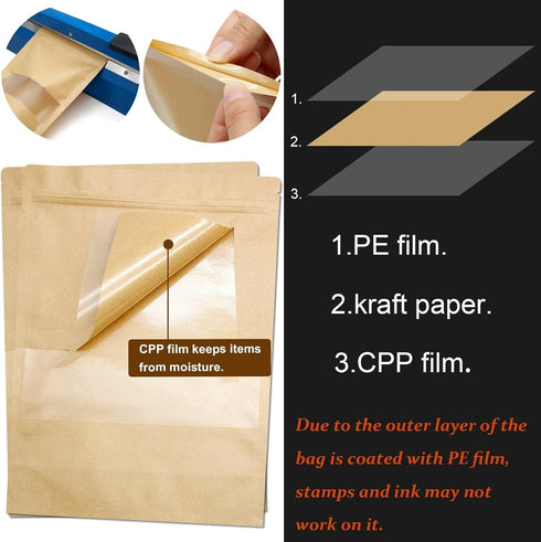 Blisstime 50 Pack Kraft Paper Stand Up Pouches with Matte Window and Tear Notch Resealable Bags (3.5 X 5.5 Inches)