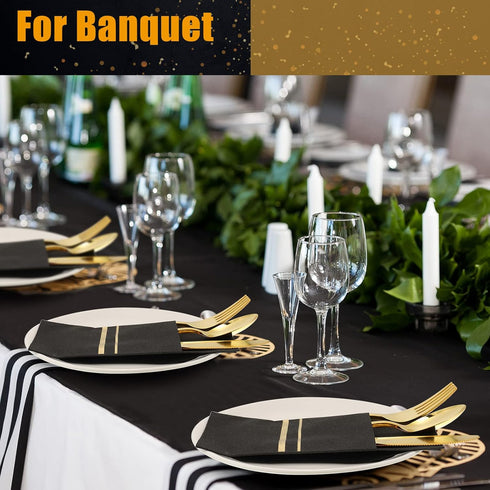 25 Set Plastic Silverware with Napkins, Wrapped Disposable Cutlery Set for Dinner Party Wedding, Black Gold