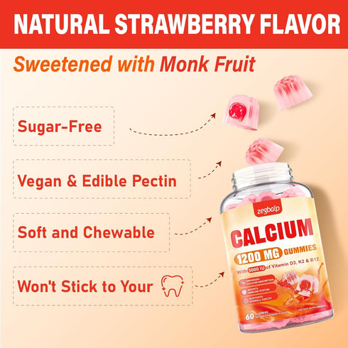 ZEGBALP 1200 D3 Gummies D3 5000IU, K2, B12 60 Gummies Calcium mg with Vitamin Supplement for Adults - Calcium
