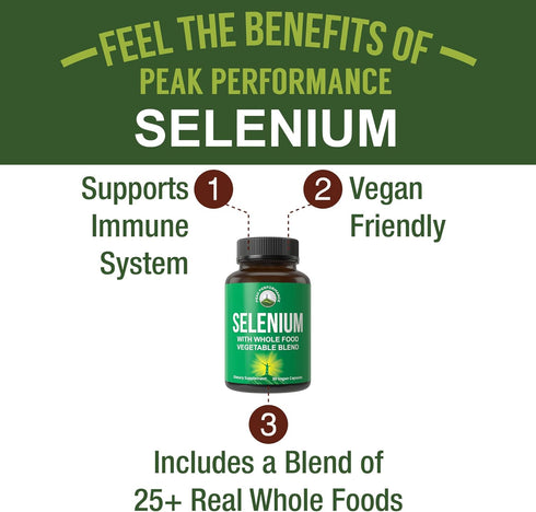 Selenium Supplement, 30 Pills, Pure Vegan Capsules, Whole Food Blend of 25+ Vegetables and Fruits for Immune Support