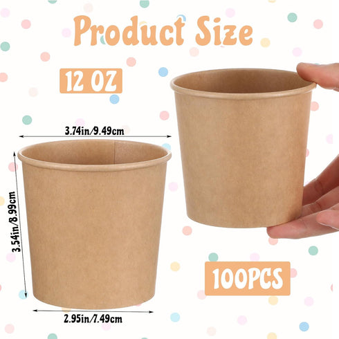 kenaeooe 100 12 oz Frozen Pcs Paper Ice Cream Cups, Disposable Leak-Resistant Dessert Bowls for Sundae, Yogurt, Soup