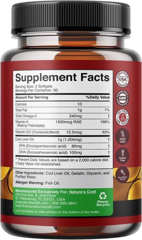 Icelandic Cod Liver Oil Softgels - Wild Caught EPA DHA Omega 3 Fish Oil 1000mg per serving, Sustainably Sourced