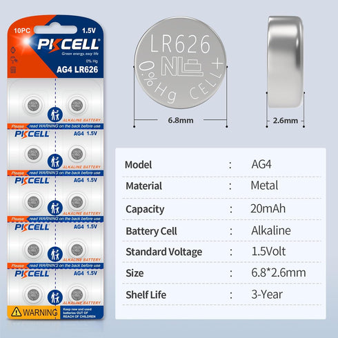PKCELL 10Pcs LR626 377 SR626sw 1.5Volt AG4 Battery Watch Battery Alkaline Button Cell Batteries