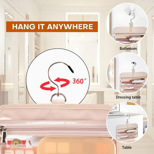 Travel Toiletry Bag with Hanging Hook, Water-Resistant Makeup Organizer for Accessories, Full-Size Shampoo