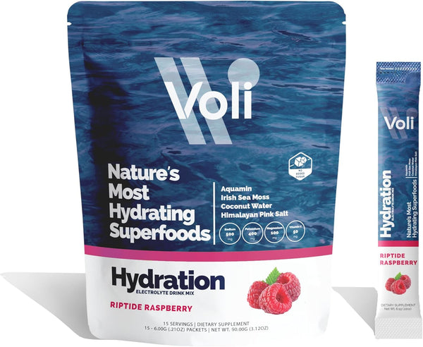 Voli Hydration, Riptide Raspberry, 15 Servings, Superfood Hydration with Irish Sea Moss, Coconut Water, Low-Calorie