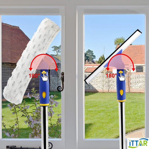 ITTAR Window Cleaner Squeegee,Rotatable Squeegee and Microfiber Scrubber with Extendable 3 Section Stainless Steel Pole,Window Cleaning Tool with 2 Microfiber Pads for Shower Glass Door,Car Windshield by ITTAR
