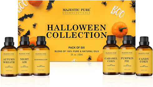 MAJESTIC PURE Halloween Essential Oil blends Gift Set | Autumn Wreath, Pumpkin Pie, Candy Corn, Marshmallow, Night Air, and Caramel Corn Candle Freshie Scents for Candle Making, Soap Making - 2 Fl oz