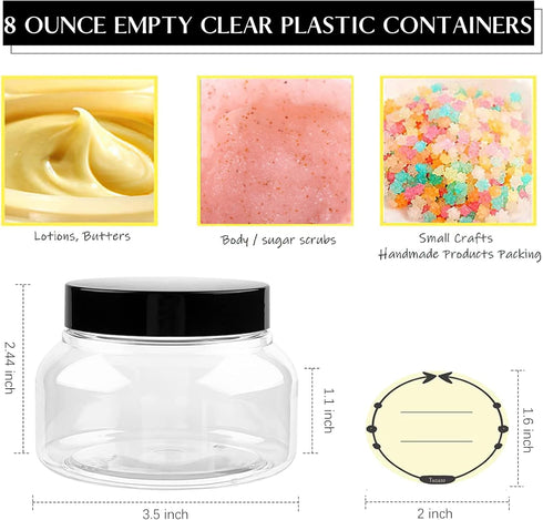 TUZAZO 8 Oz Plastic Container Tuscany Jars with Lids BPA Free, 12 Pack Empty Round Clear Cosmetic Containers Body Butter Jars for Lotion, Cream, Gel, Sugar Scrub by TUZAZO