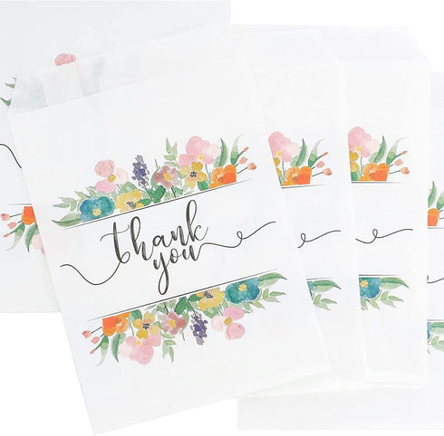 100 Pack Paper Cookie Bags - 7.5 x 5 Inch for Party Favors, Treats, and Candy with Floral Thank You Design