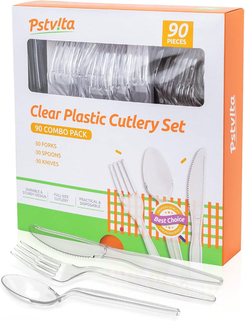 Heavy Duty Plastic Cutlery Set - Disposable 30 Forks, 30 Spoons, 30 Knives, Clear, Pack of 90