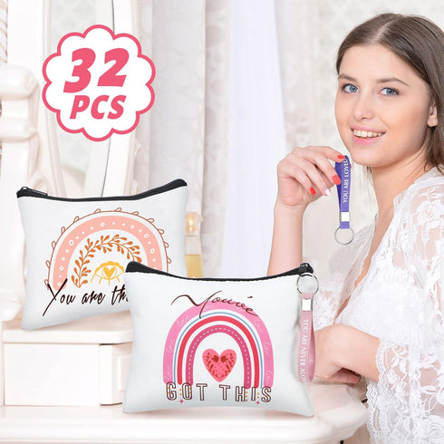 Hillban 32 Pcs Rainbow Cosmetic Bag Inspirational Canvas Makeup Bags for Women, 16 Cosmetic Bag with 16 Inspirational Quote Keychains Motivational Cosmetic Bag Makeup Pouch for Teachers Women Gift