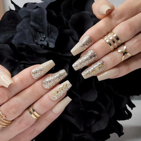 Hypnaughty 24 Pcs Vegas Gold and Nude Luxury Coffin Press On Fake Nails with Glitter Design and Glue, Ombre Glitter
