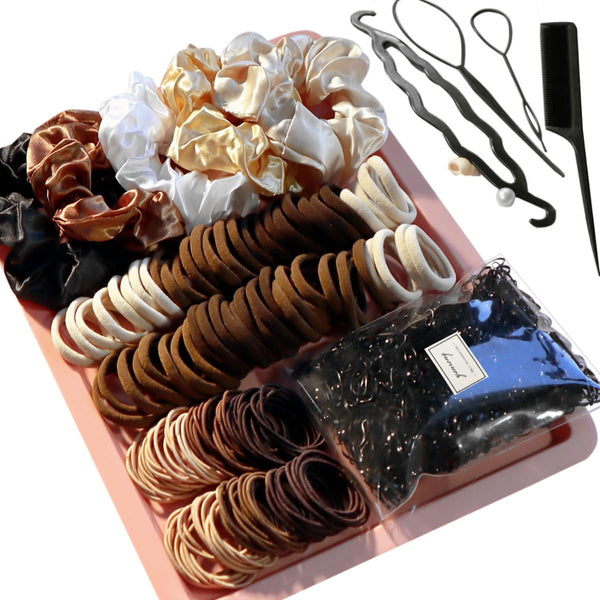 YANRONG 1159PCS Hair Accessories Set, Seamless Ponytail Holders, Variety Scrunchies for Thick Curly Hair, Brown