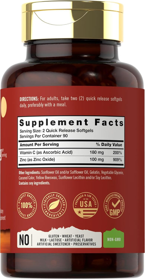 Carlyle Zinc Supplement 100mg with Vitamin C | 180 Softgels | Non-GMO, Gluten Free | Tahoe Nutritionals