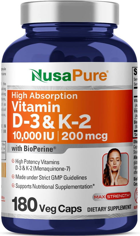 NusaPure Vitamin K2 (MK7) 200mcg + Vitamin D3 10000 IU, 180 Veg Caps, Non-GMO, Bioperine