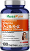 NusaPure Vitamin K2 (MK7) 200mcg + Vitamin D3 10000 IU, 180 Veg Caps, Non-GMO, Bioperine