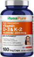 NusaPure Vitamin K2 (MK7) 200mcg + Vitamin D3 10000 IU, 180 Veg Caps, Non-GMO, Bioperine