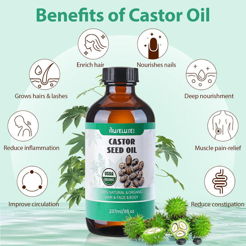 MuseLuxe 40 Bottle(8oz),Cotton Pack Pcs Castor Oil Patches with Castor Oil Organic Cold Pressed Unrefined Glass Caster