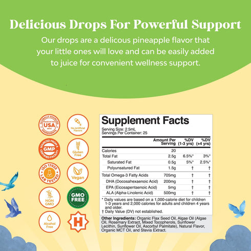 Liquid Omega 3 EPA DHA for Kids, Organic Vegan Supplement for Brain, Eye, Full Body Development, 2 Fl Oz