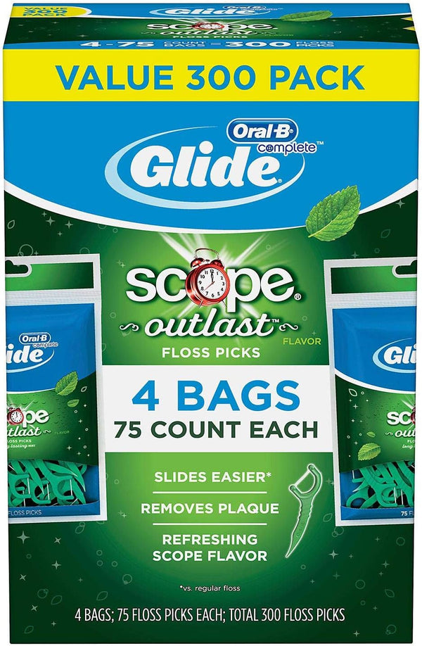 Glide Oral B Floss Picks Plus, Long Lasting Mint, 4 Pack of 75