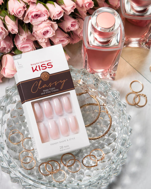 KISS Classy Press On Nails, Nail Glue Included, 'Be-you-tiful', Beige, Long Size, Coffin Shape, 28 Nails