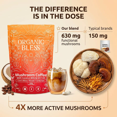 Organic Bless 30 Instant Mushroom Coffee Powder Organic Lions Mane, Reishi & Cordyceps Blend for Energy, Focus