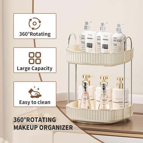 YCIA&DONE 360 Rotating Makeup Organizer - 2 Tiers Square Shaped Vanity Storage in Warm White