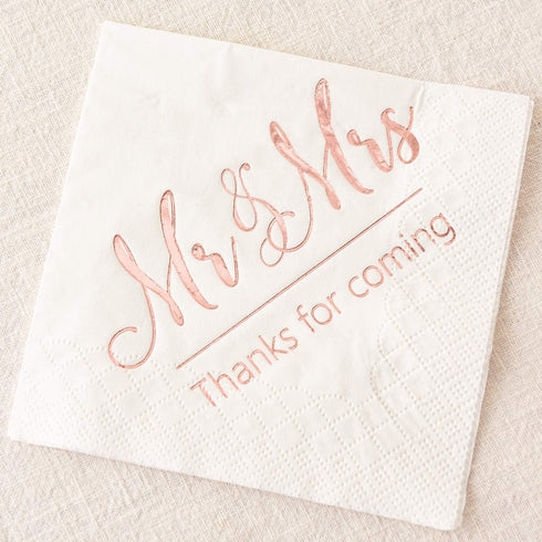 Crisky Wedding Napkins Mr Mrs Rose Gold Cocktail Beverage Dessert Napkins for Wedding Table Decoration, 100 Pcs, 3-Ply