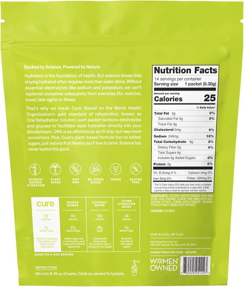 Cure Hydration Plant-Based Electrolyte Drink Mix, No Added Sugar, Coconut Water, Vegan, 14 Packets - Lime