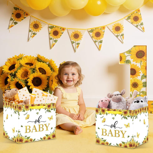 Woosytoo 12" Extra Large Sunflower Baby Gift Bags, Yellow Sunflower Square Gift Bag with Wrapping Paper Jumbo Gifts Bag