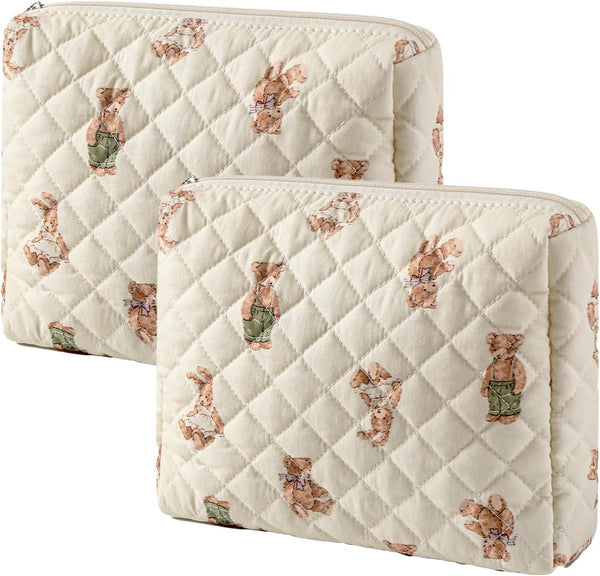 Quilted Cotton Makeup Bag, 2Pcs Coquette Cosmetic Bag, Large Soft Floral Travel Toiletry Bag for Women