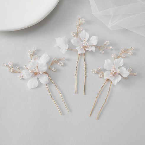 SWEETV 3Pcs Bridal Hair Pins, White Flower Hair Pieces Wedding Side Combs Accessories for Bridesmaids