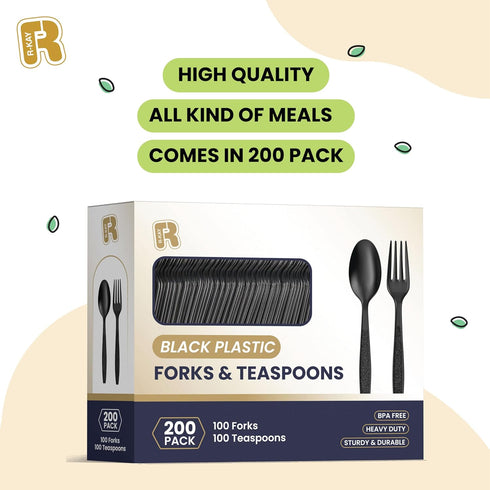 200 Count Heavy Duty Black Plastic Silverware Set, BPA Free Plastic Forks and Spoons for All Occasions