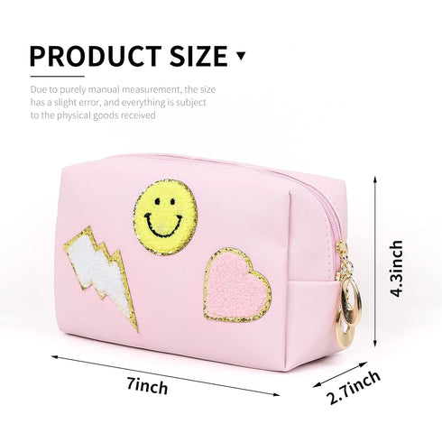 Preppy Patch Makeup Bag,Smile Lightning PU Leather Waterproof Makeup Bag for Girls,Daily Use Preppy Girls Stuff Makeup Bag,Travel Organizer Cosmetic Bag for Women Girls Gift Pink