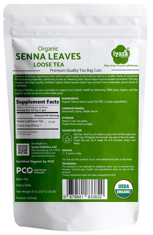 Organic Senna Leaves Loose Tea,Cut and Sifted Loose, Relaxing, Caffeine Free, Night Time Tea, Resealable Pack 08 Ounce