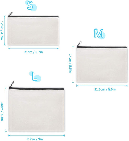 12 Pieces White Cotton Canvas Makeup Bag, Multipurpose Cosmetic Pouch with Zipper, Travel Toiletry Bag (White, M)