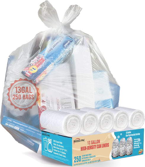 13 Gallon Trash Bags, 250 Count Bulk, Clear Plastic Recycling Garbage Bags for Home, Commercial, and Industrial Use