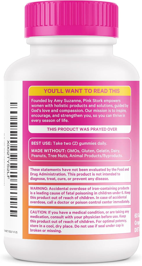 Pink Stork Prenatal Iron Supplement Gummies for Women, 20 mg with Vitamin C, Grape Chewable for Deficiency, Energy,
