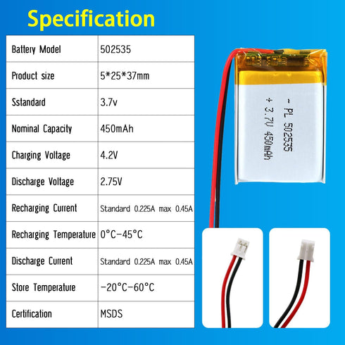 502535 3.7V Lipo Battery, 450mAh Rechargeable Lithium Polymer Pack with JST PH2.0mm Connector